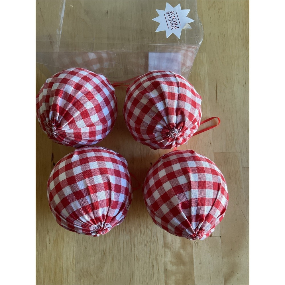 White Red Plaid Fabric Christmas Tree Ornaments 4pk. New Large‎